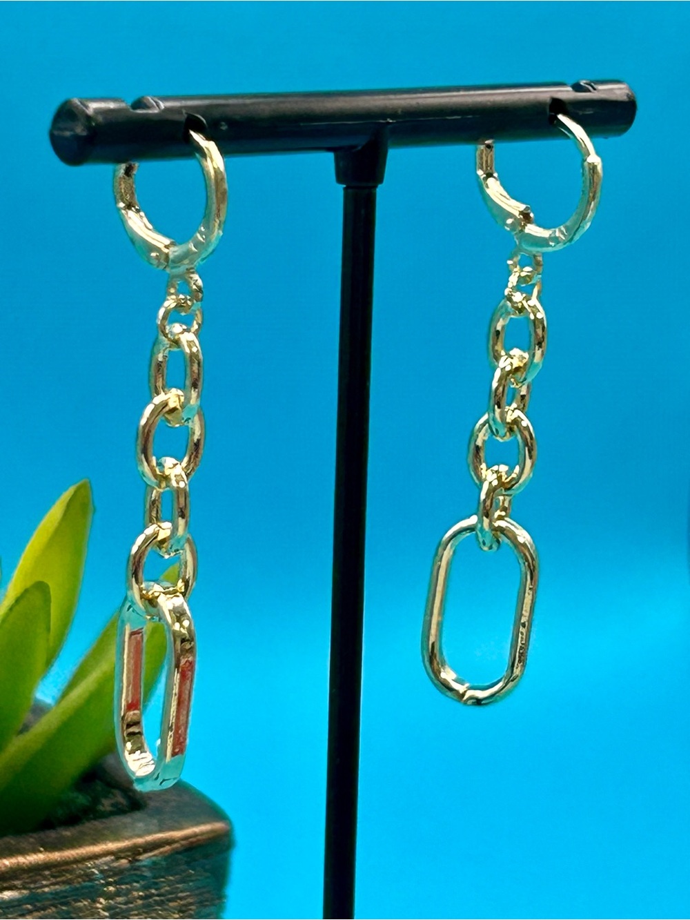 14K Gold Plated Chain Drop Hoop Earrings - Unbranded